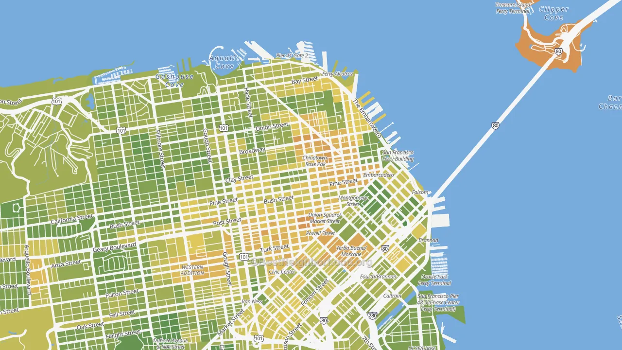 Map of the best neighborhoods in the 94108 area, with better matches in green and worse matches in red