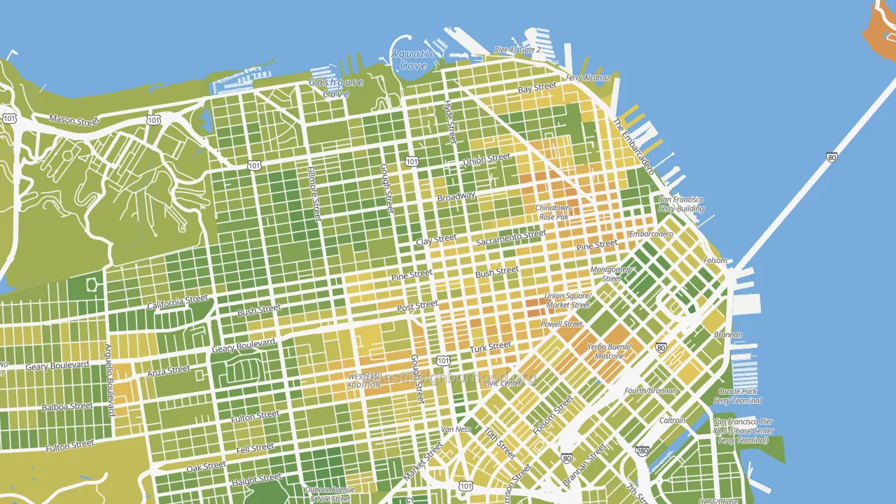 Map of the best neighborhoods in the 94109 area, with better matches in green and worse matches in red