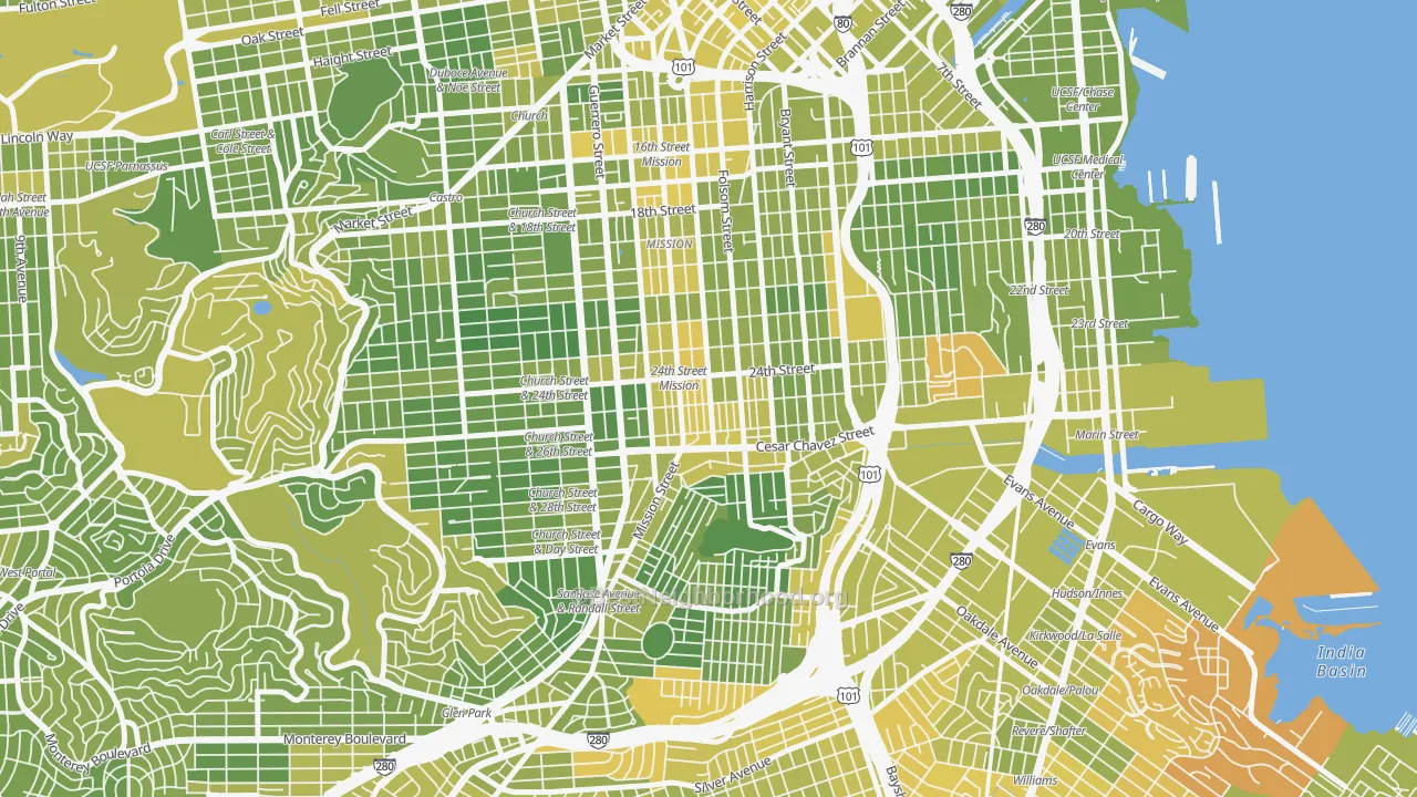Map of the best neighborhoods in the 94110 area, with better matches in green and worse matches in red