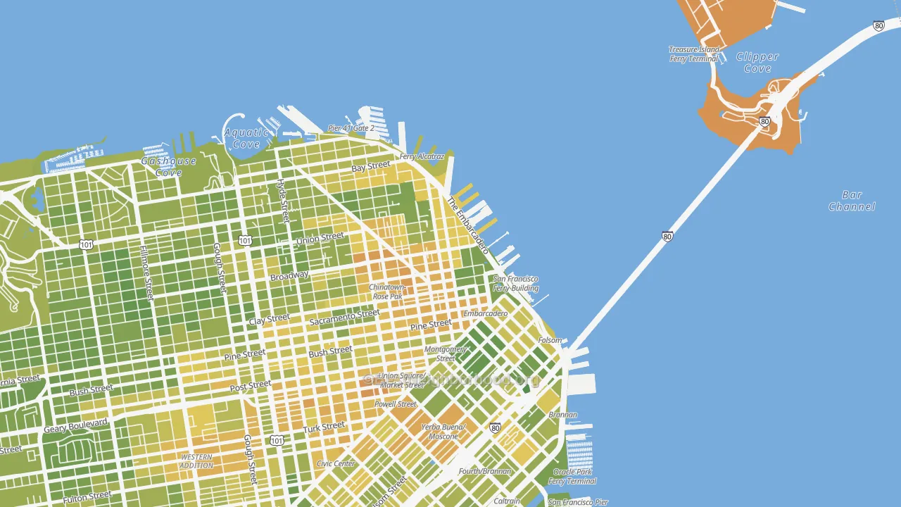 Map of the best neighborhoods in the 94111 area, with better matches in green and worse matches in red