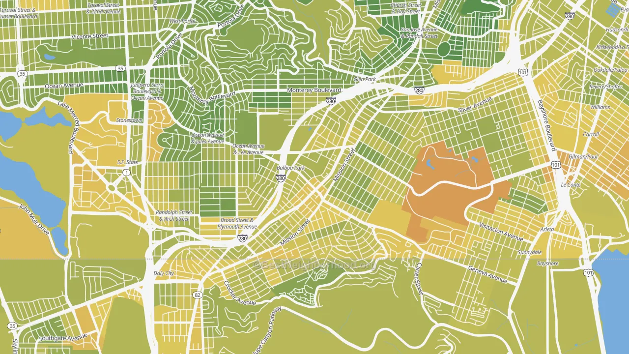 Map of the best neighborhoods in the 94112 area, with better matches in green and worse matches in red