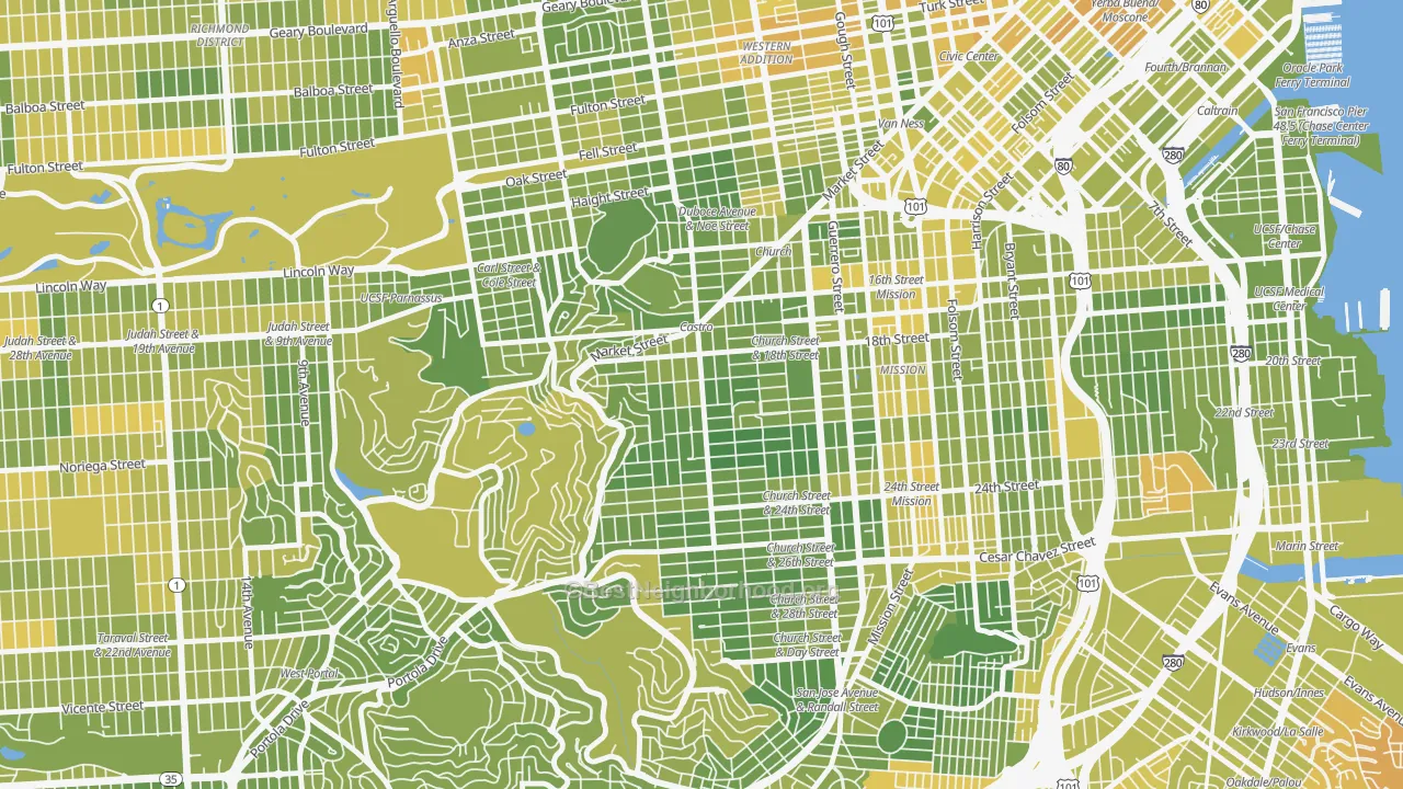 Map of the best neighborhoods in the 94114 area, with better matches in green and worse matches in red