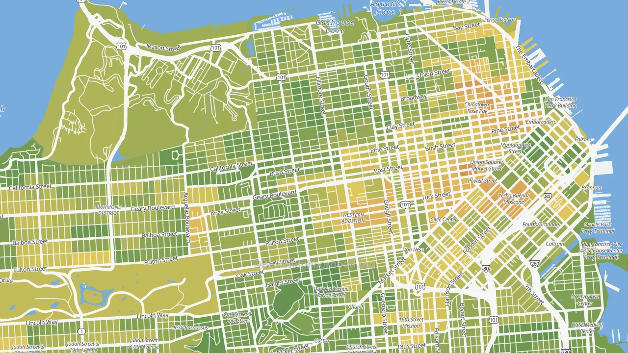 Map of the best neighborhoods in the 94115 area, with better matches in green and worse matches in red