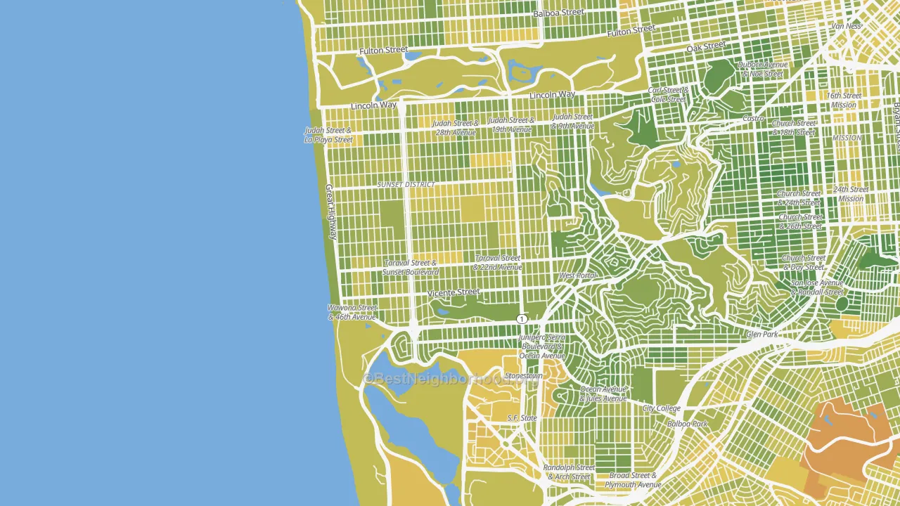 Map of the best neighborhoods in the 94116 area, with better matches in green and worse matches in red
