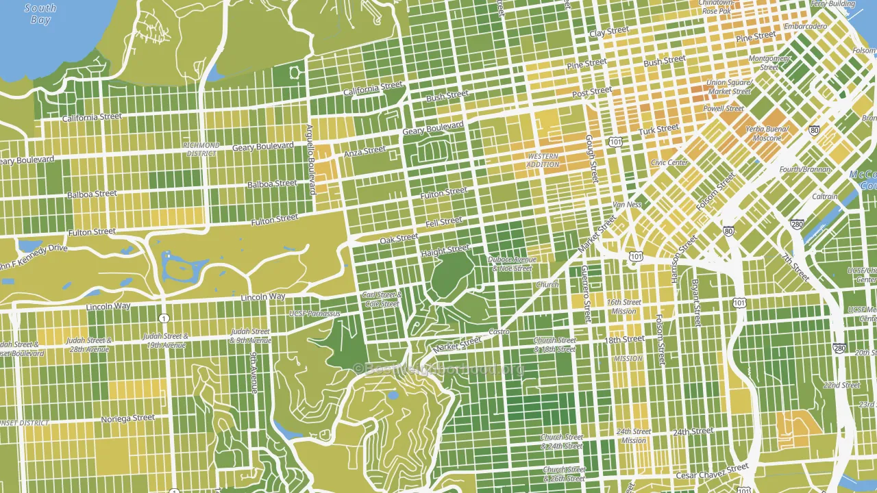 Map of the best neighborhoods in the 94117 area, with better matches in green and worse matches in red
