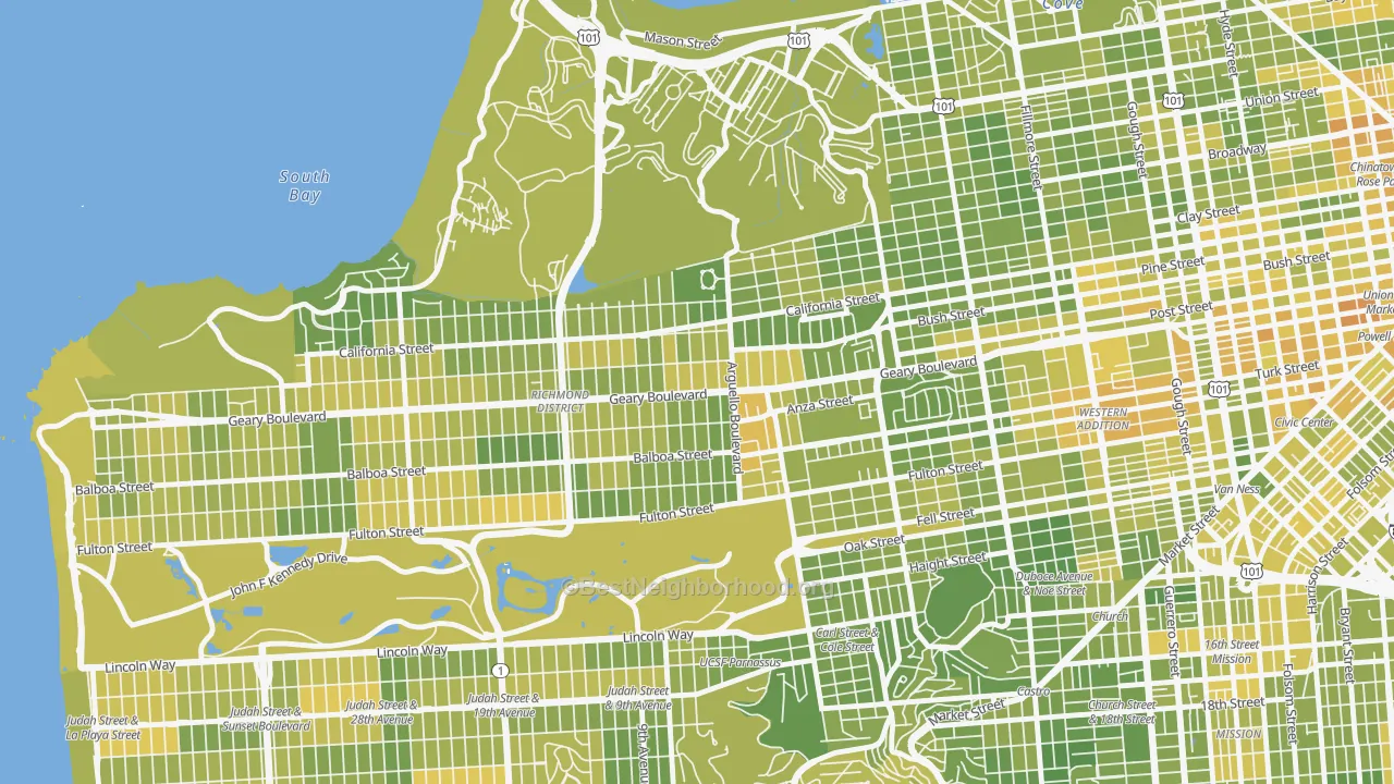 Map of the best neighborhoods in the 94118 area, with better matches in green and worse matches in red