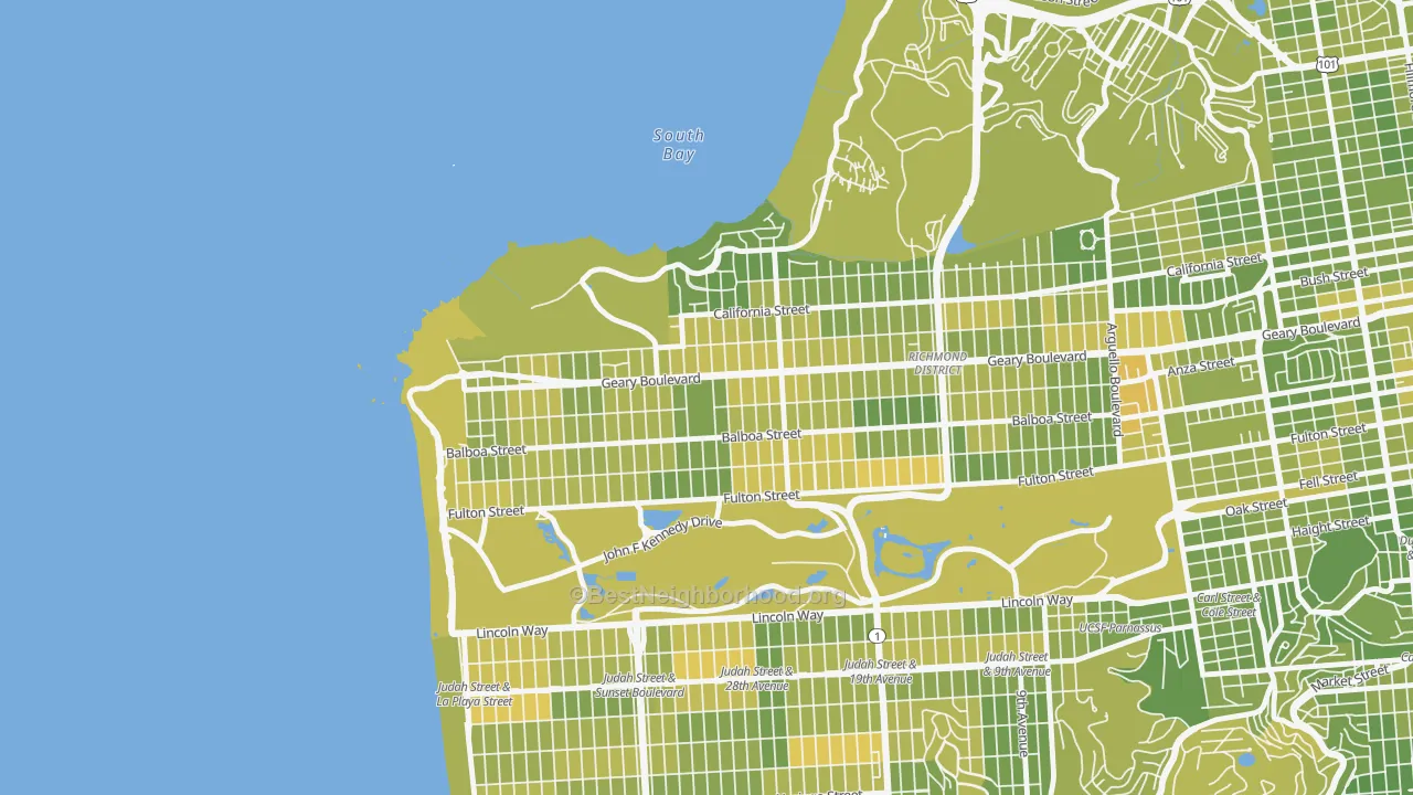 Map of the best neighborhoods in the 94121 area, with better matches in green and worse matches in red