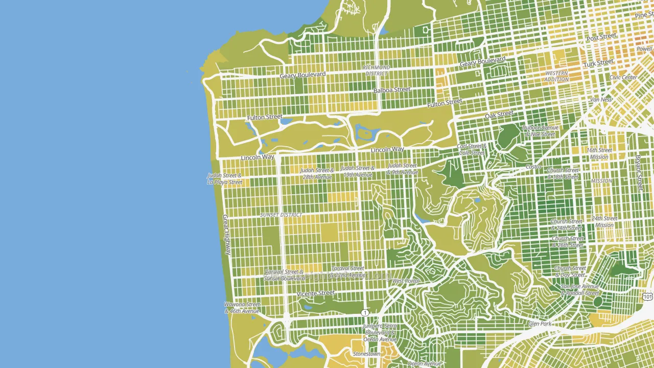 Map of the best neighborhoods in the 94122 area, with better matches in green and worse matches in red