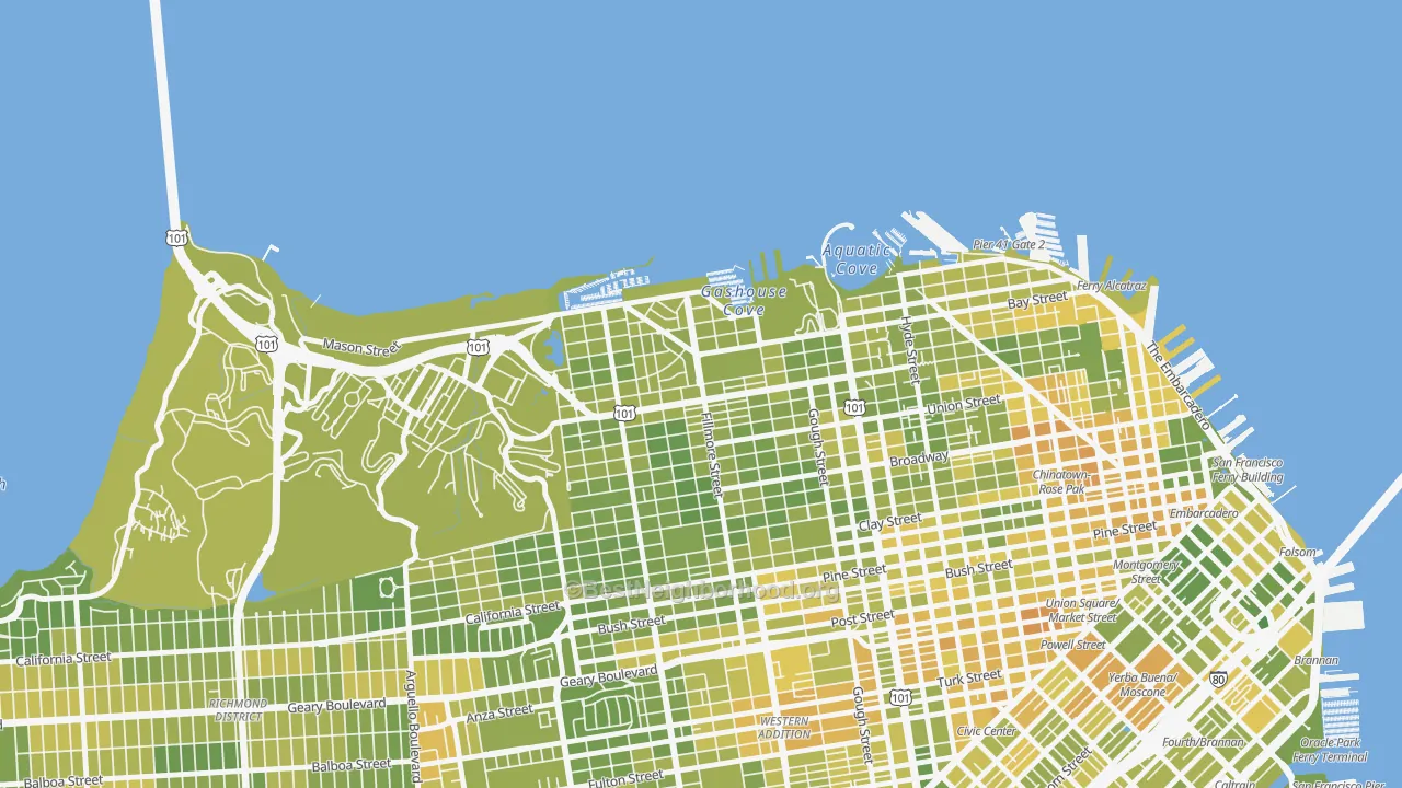 Map of the best neighborhoods in the 94123 area, with better matches in green and worse matches in red