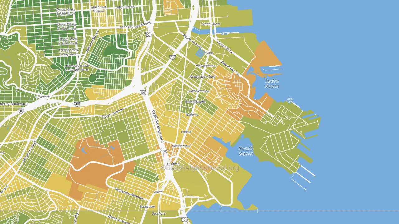 Map of the best neighborhoods in the 94124 area, with better matches in green and worse matches in red