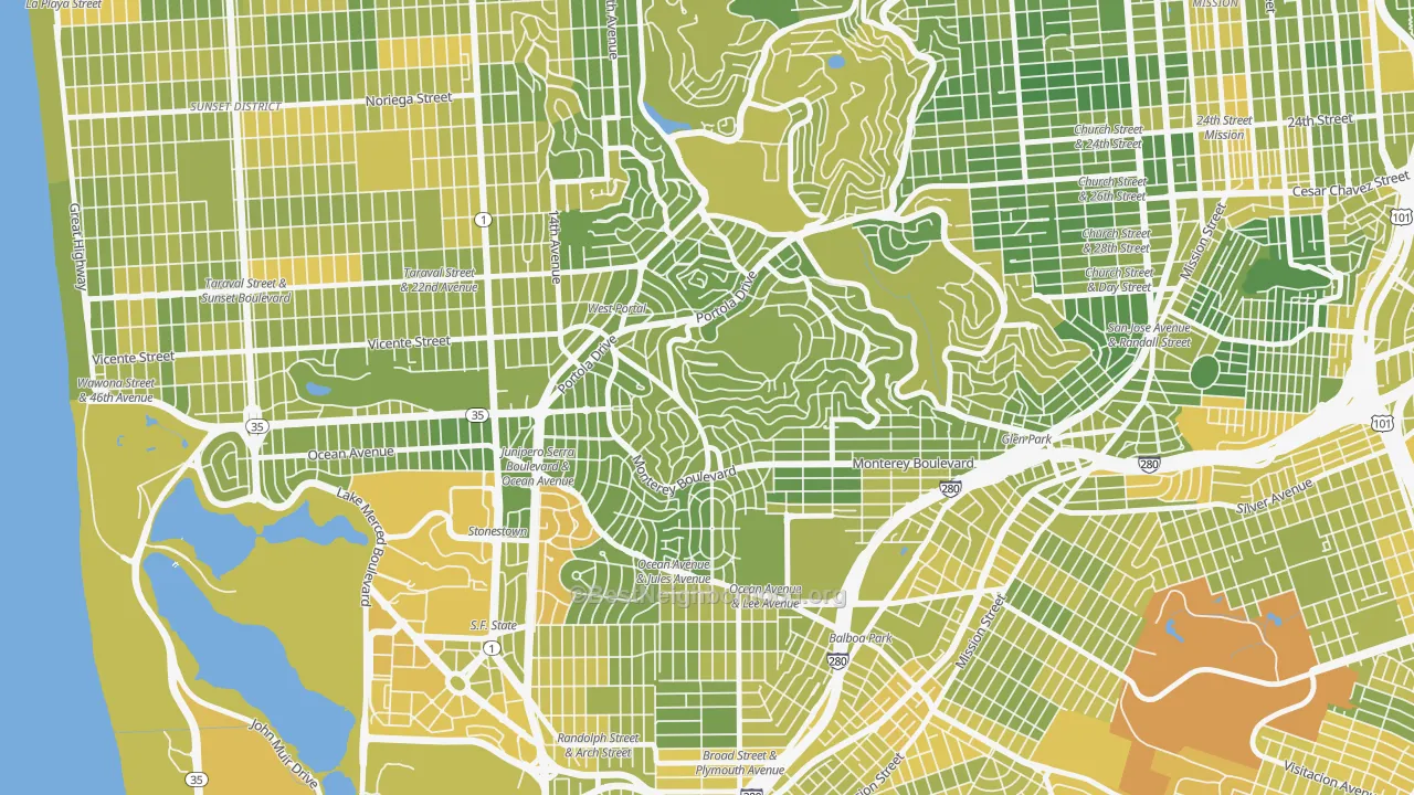 Map of the best neighborhoods in the 94127 area, with better matches in green and worse matches in red
