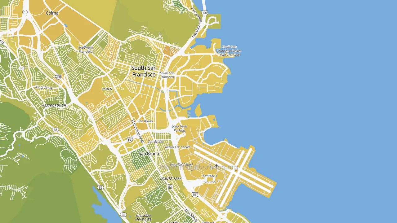 Map of the best neighborhoods in the 94128 area, with better matches in green and worse matches in red