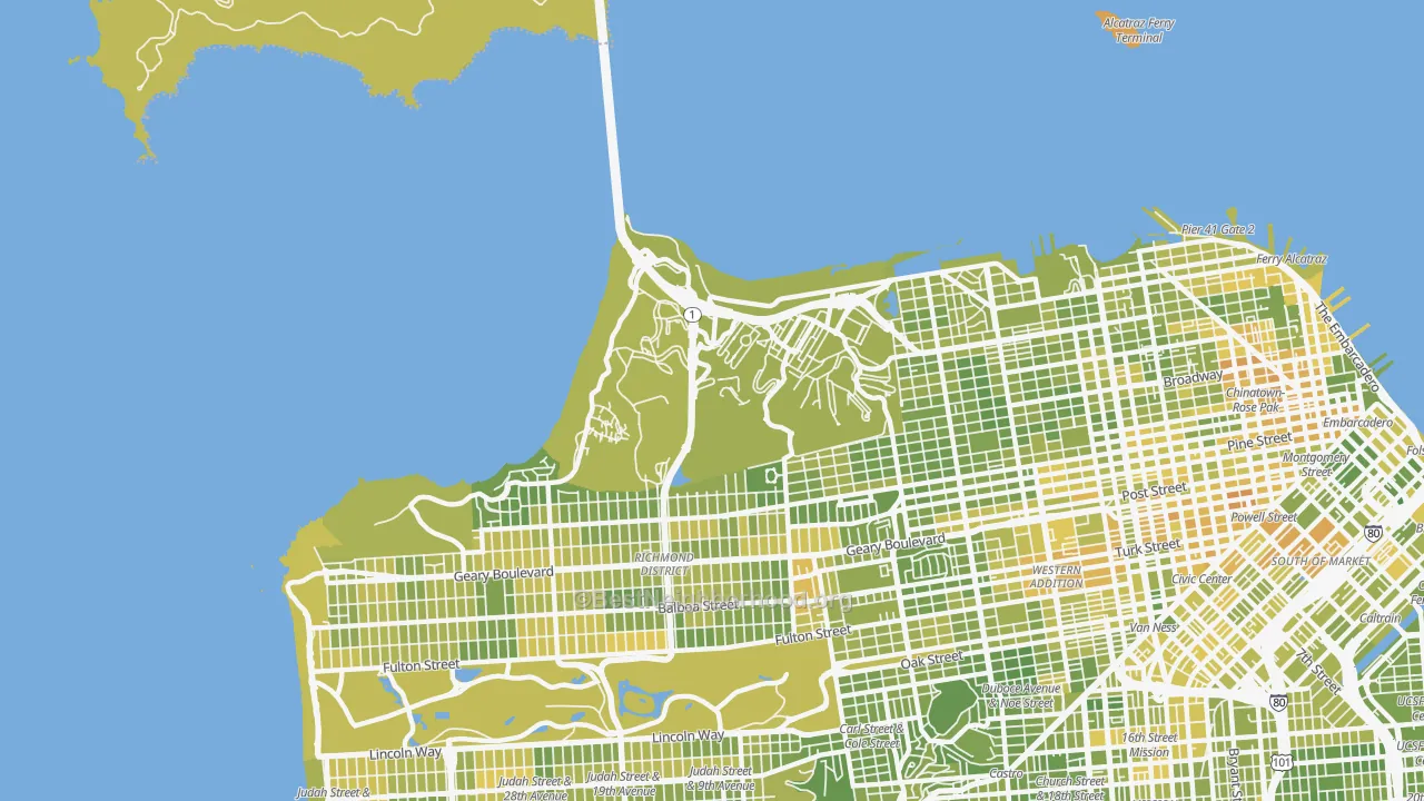 Map of the best neighborhoods in the 94129 area, with better matches in green and worse matches in red