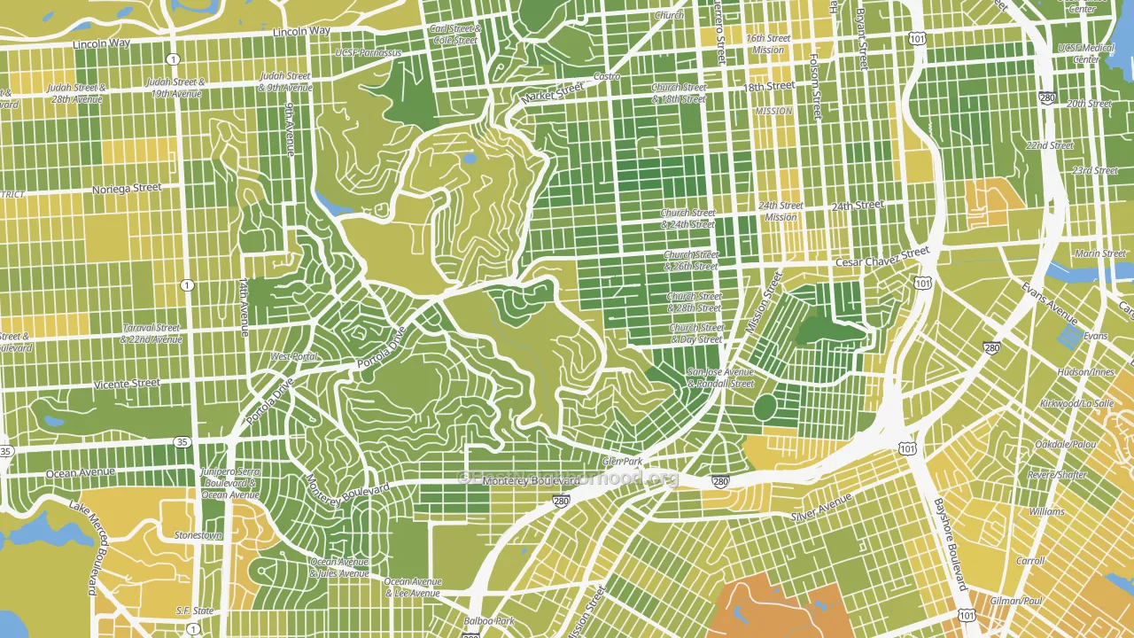 Map of the best neighborhoods in the 94131 area, with better matches in green and worse matches in red