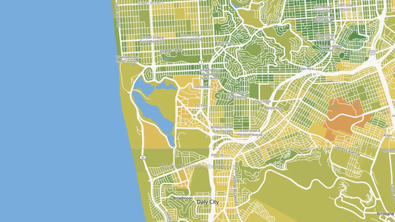 Map of the best neighborhoods in the 94132 area, with better matches in green and worse matches in red