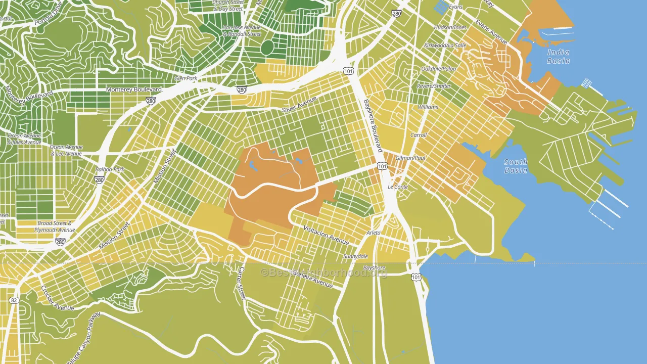 Map of the best neighborhoods in the 94134 area, with better matches in green and worse matches in red