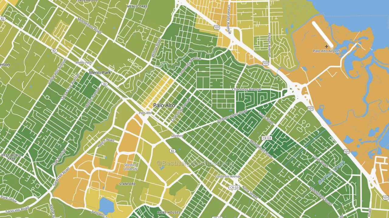 Map of the best neighborhoods in the 94301 area, with better matches in green and worse matches in red