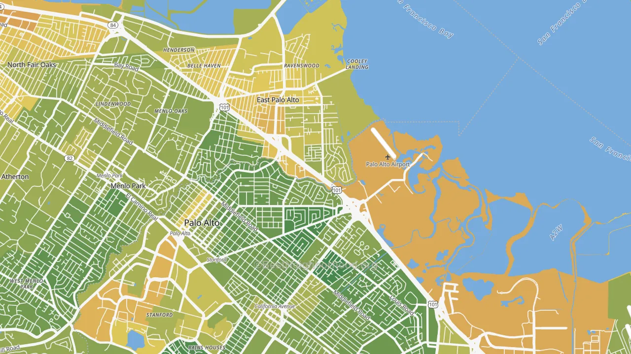 Map of the best neighborhoods in the 94303 area, with better matches in green and worse matches in red