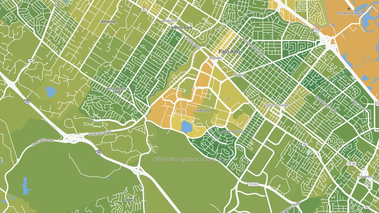 Map of the best neighborhoods in the 94304 area, with better matches in green and worse matches in red