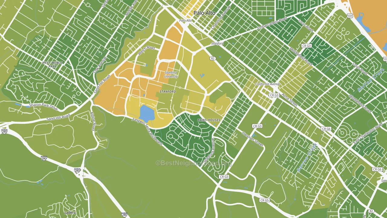 Map of the best neighborhoods in the 94305 area, with better matches in green and worse matches in red