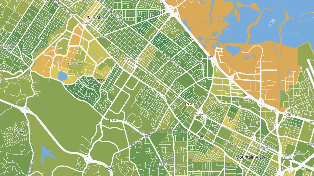 Map of the best neighborhoods in the 94306 area, with better matches in green and worse matches in red