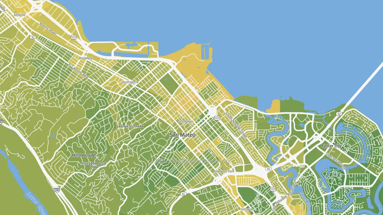 Map of the best neighborhoods in the 94401 area, with better matches in green and worse matches in red