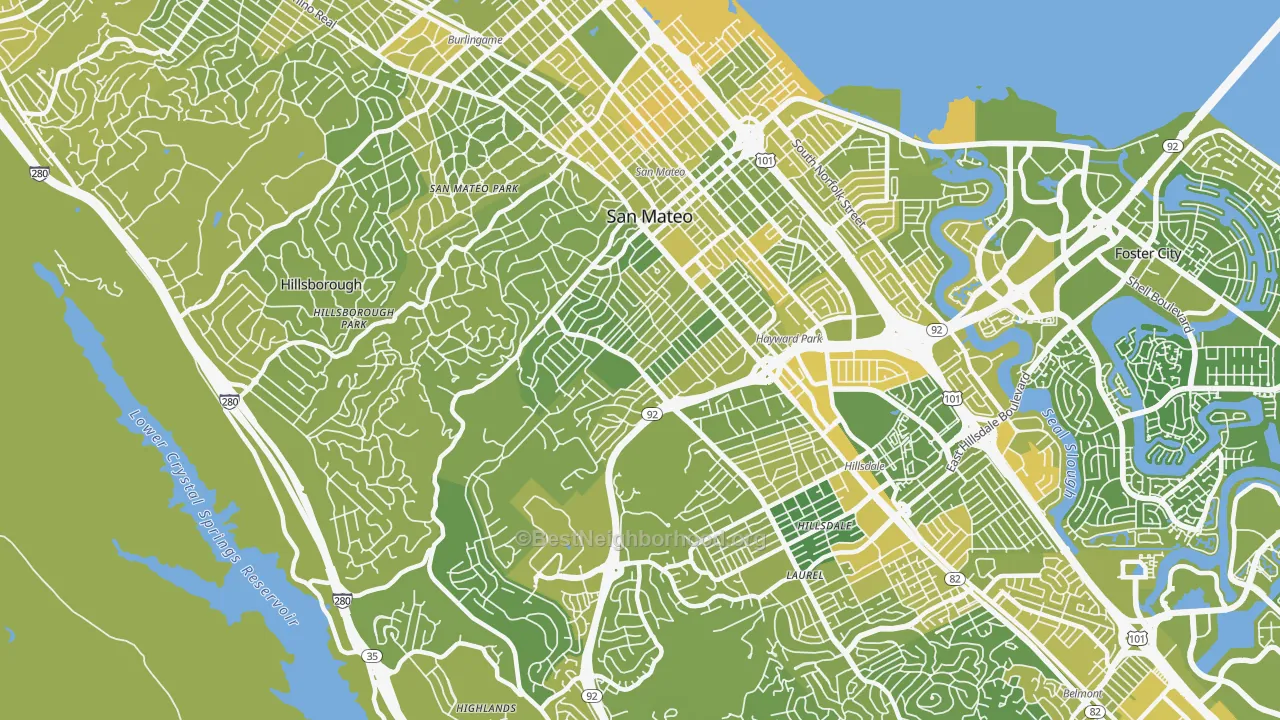 Map of the best neighborhoods in the 94402 area, with better matches in green and worse matches in red