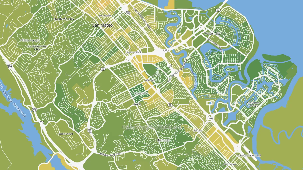 Map of the best neighborhoods in the 94403 area, with better matches in green and worse matches in red