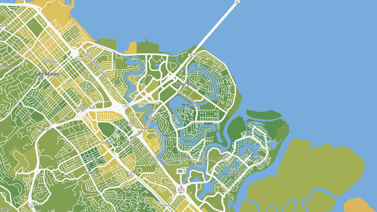 Map of the best neighborhoods in the 94404 area, with better matches in green and worse matches in red