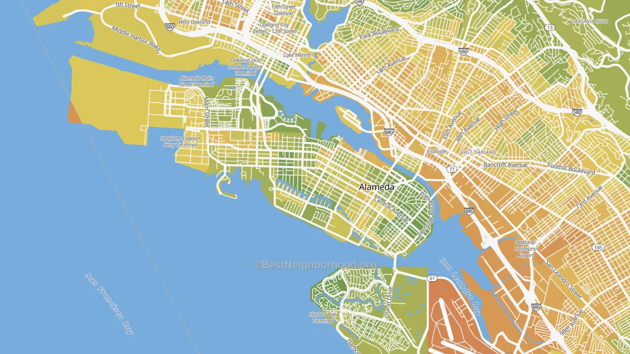 Map of the best neighborhoods in the 94501 area, with better matches in green and worse matches in red