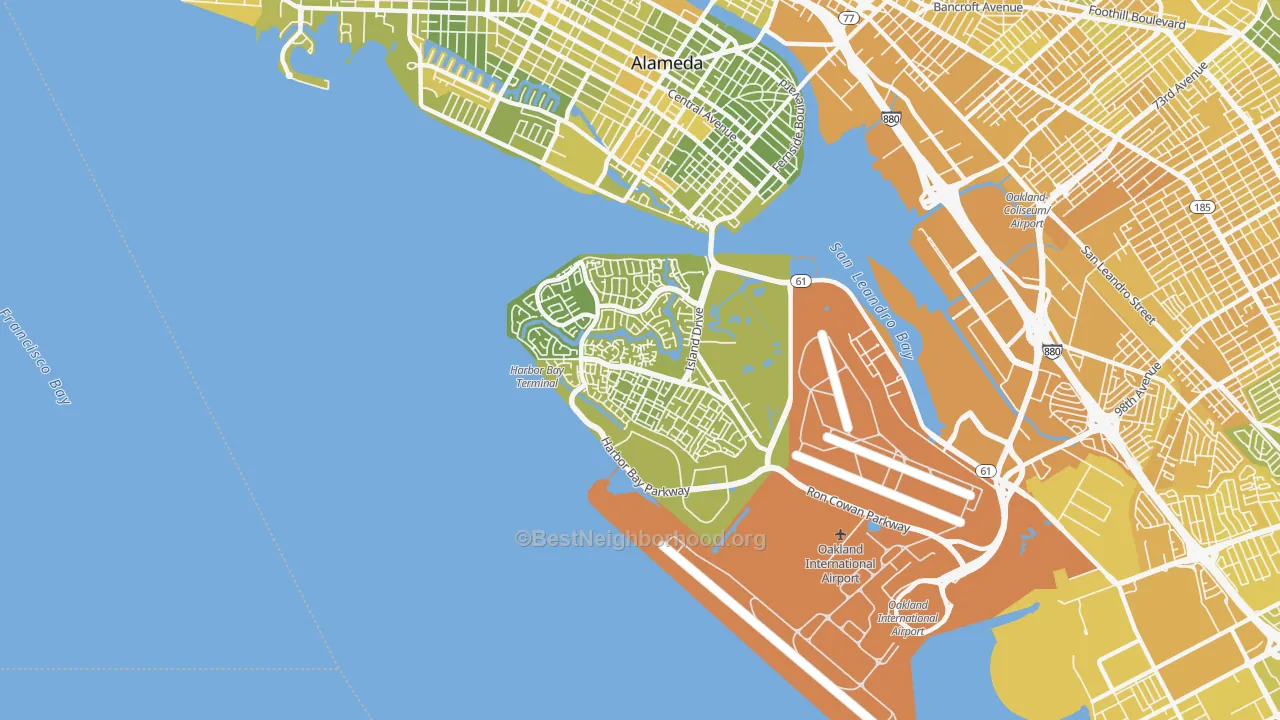 Map of the best neighborhoods in the 94502 area, with better matches in green and worse matches in red
