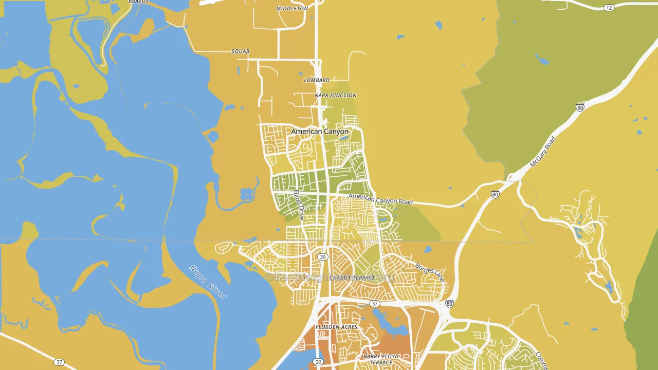 Map of the best neighborhoods in the 94503 area, with better matches in green and worse matches in red
