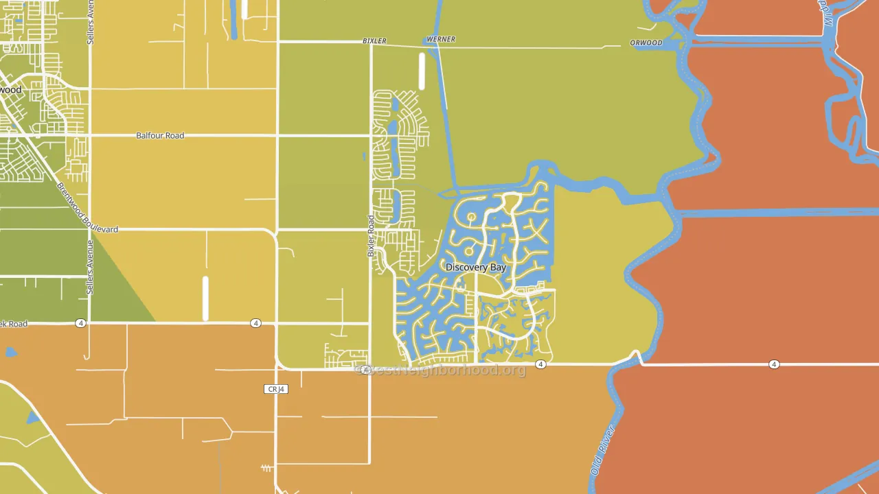 Map of the best neighborhoods in the 94505 area, with better matches in green and worse matches in red