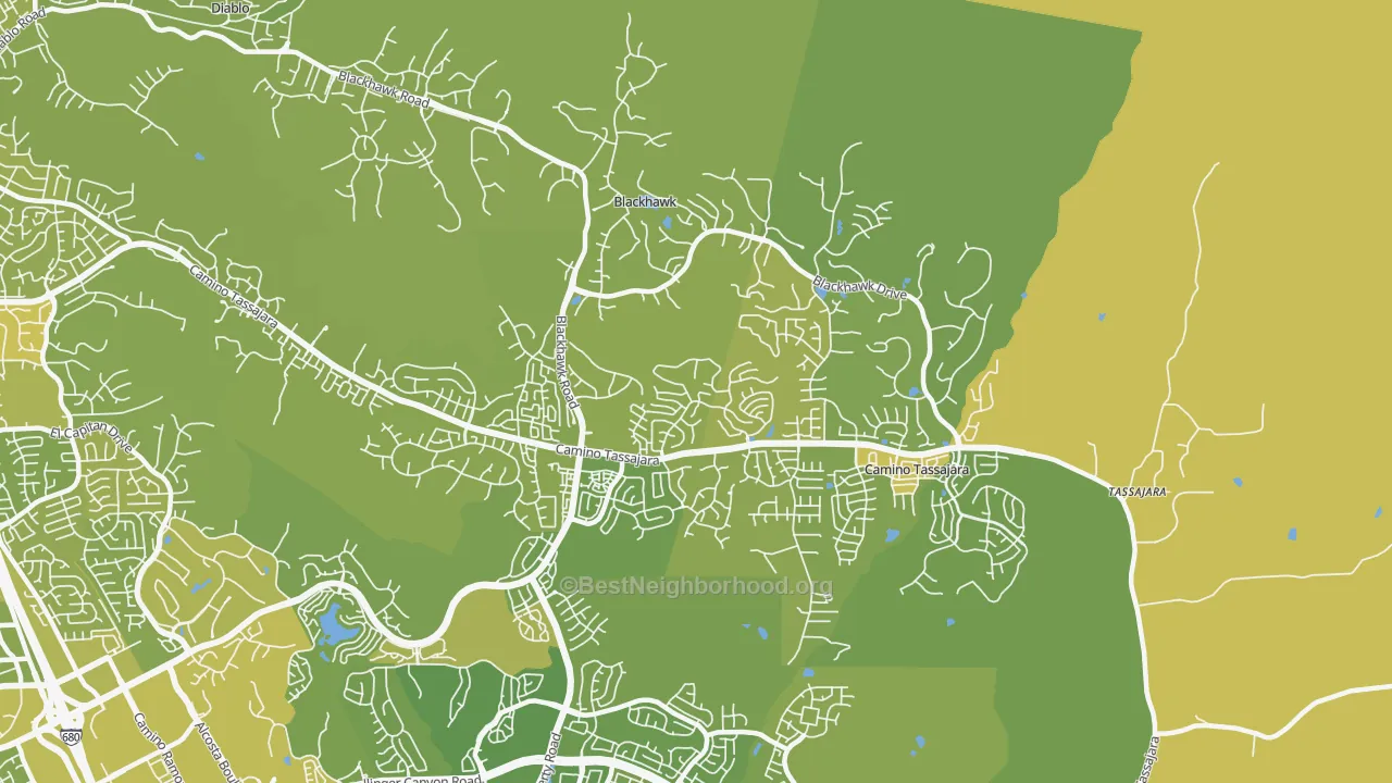 Map of the best neighborhoods in the 94506 area, with better matches in green and worse matches in red