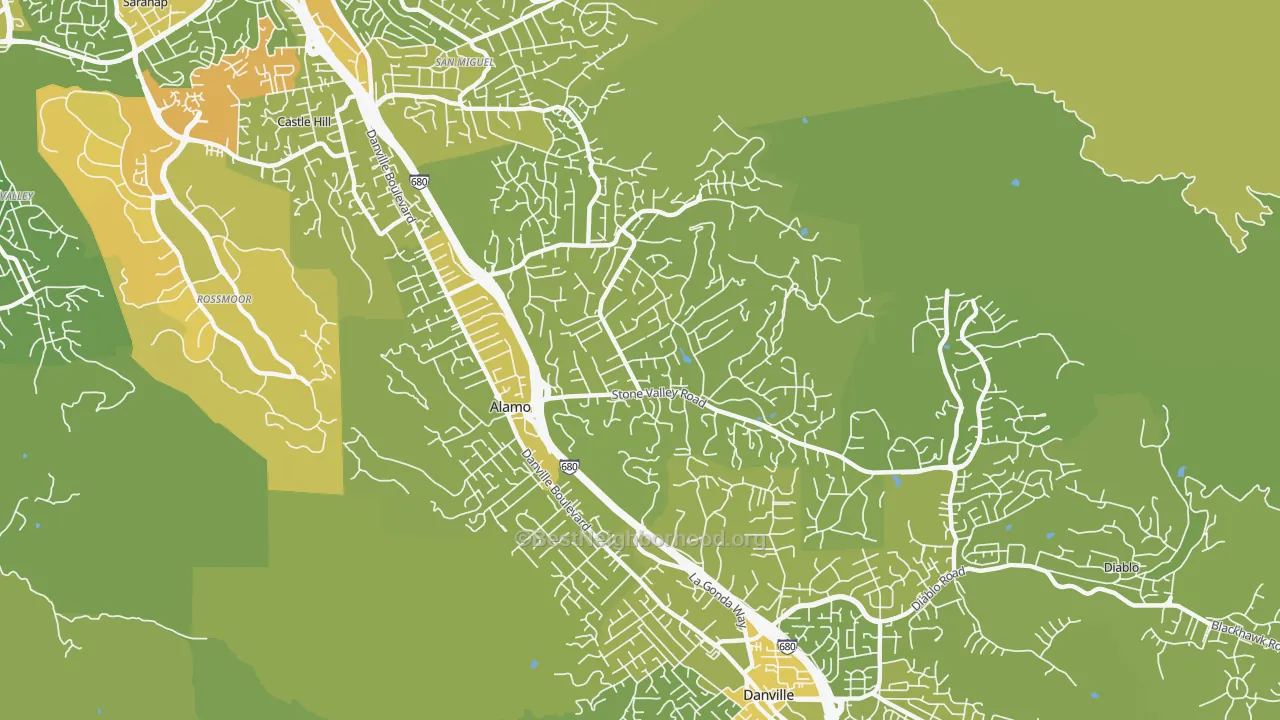 Map of the best neighborhoods in the 94507 area, with better matches in green and worse matches in red