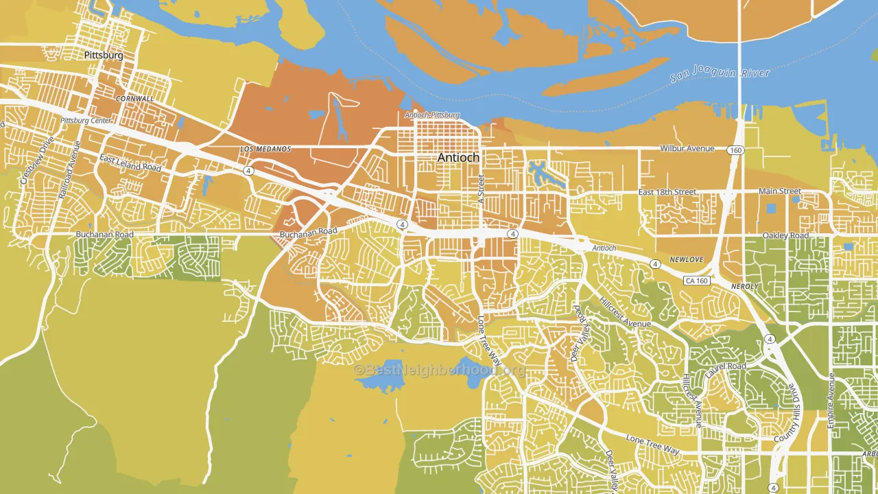 Map of the best neighborhoods in the 94509 area, with better matches in green and worse matches in red