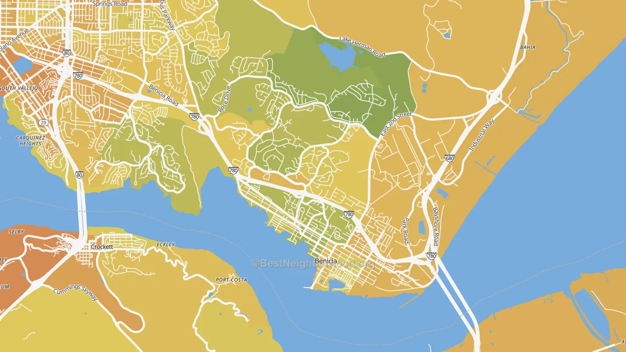 Map of the best neighborhoods in the 94510 area, with better matches in green and worse matches in red
