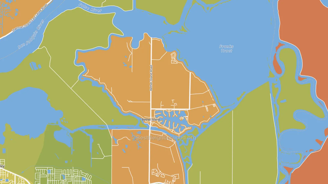 Map of the best neighborhoods in the 94511 area, with better matches in green and worse matches in red