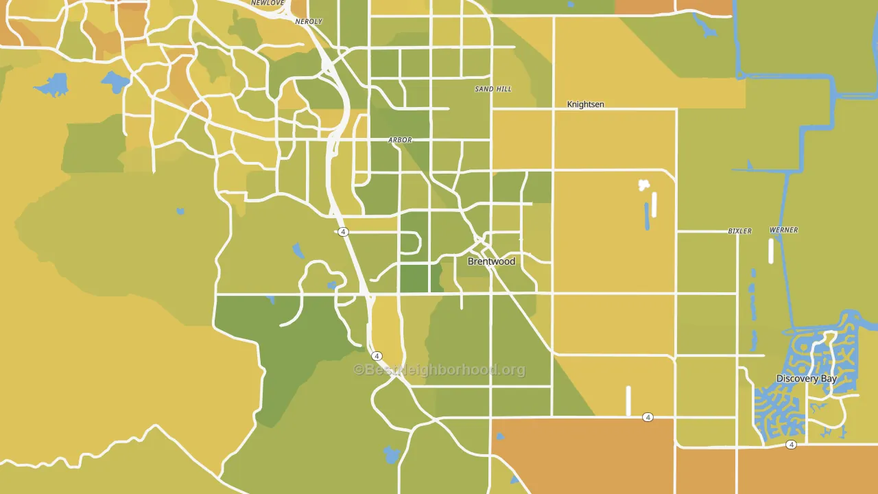 Map of the best neighborhoods in the 94513 area, with better matches in green and worse matches in red