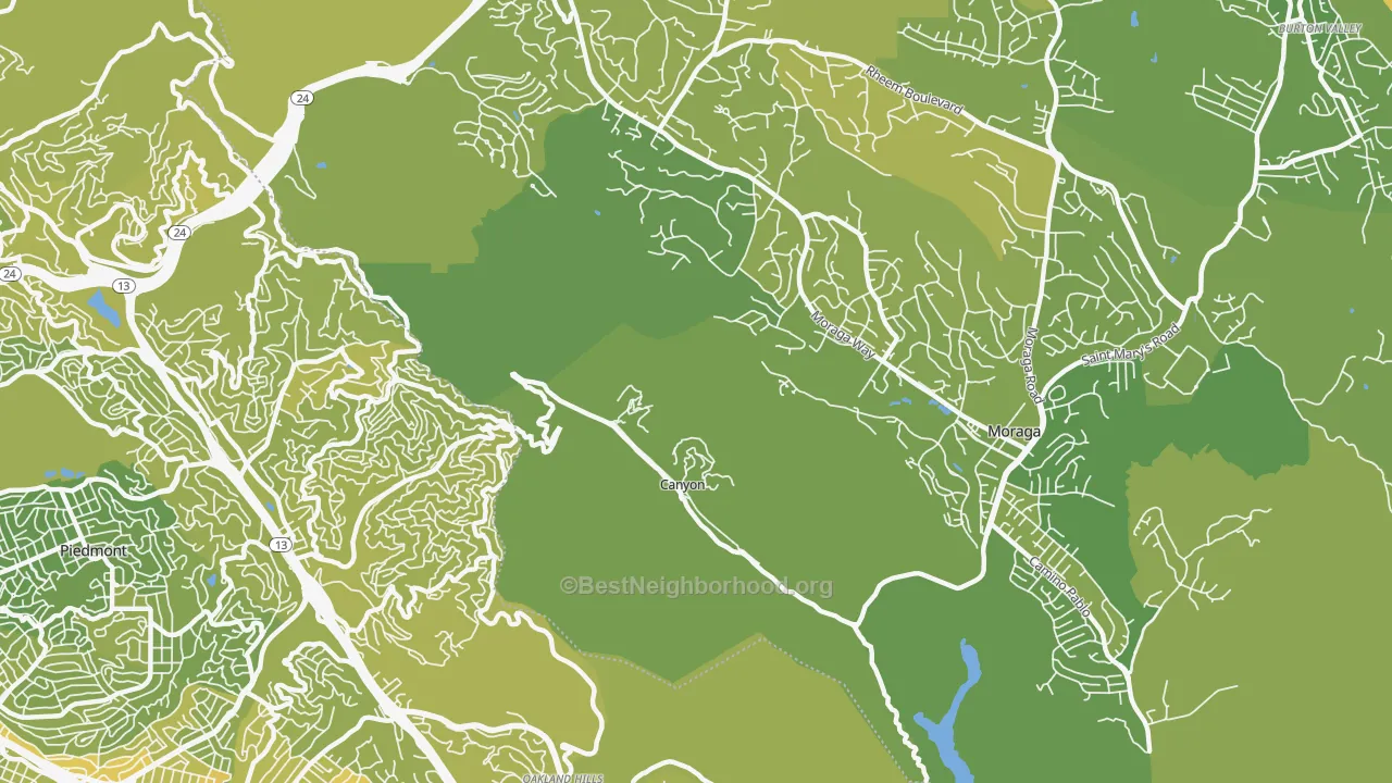 Map of the best neighborhoods in the 94516 area, with better matches in green and worse matches in red