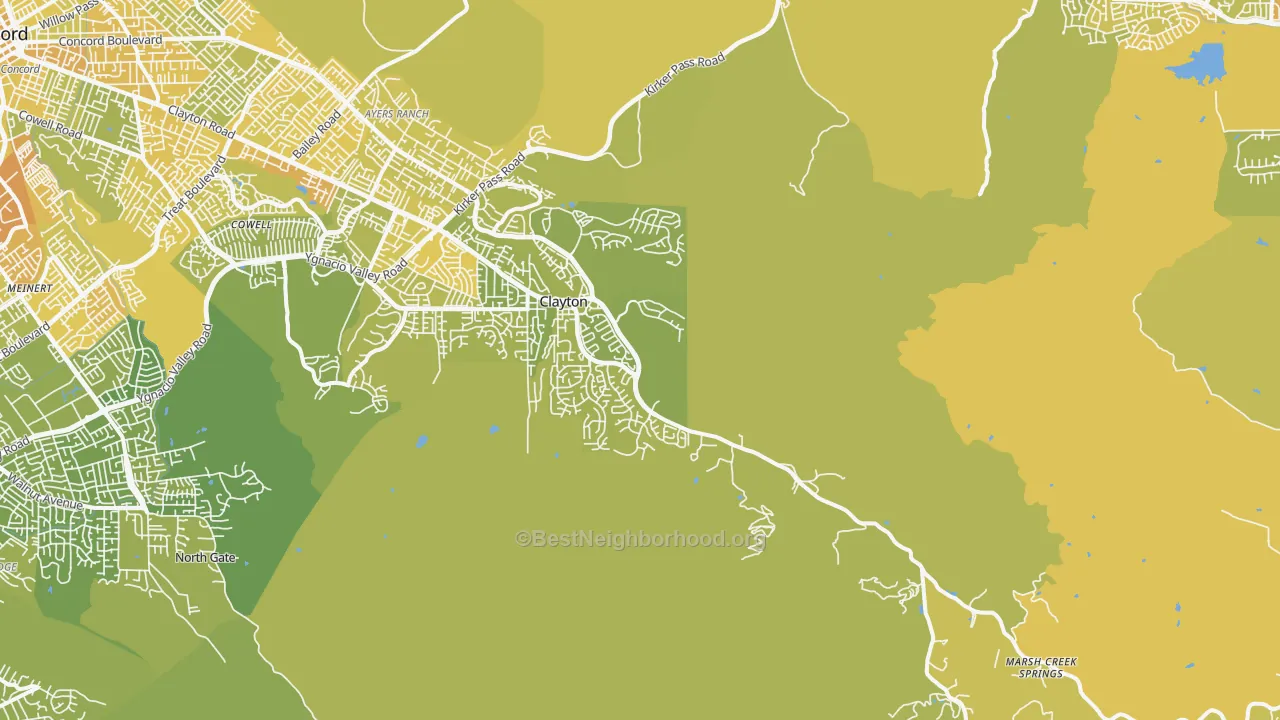Map of the best neighborhoods in the 94517 area, with better matches in green and worse matches in red