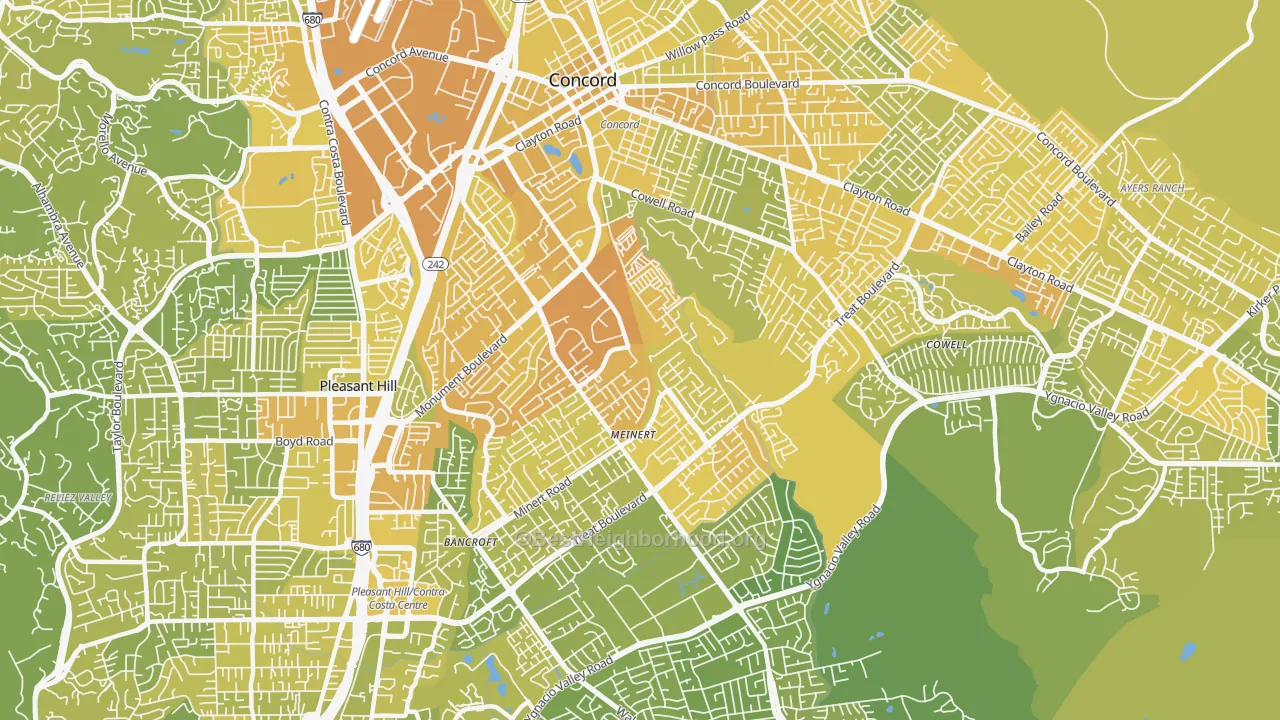 Map of the best neighborhoods in the 94518 area, with better matches in green and worse matches in red