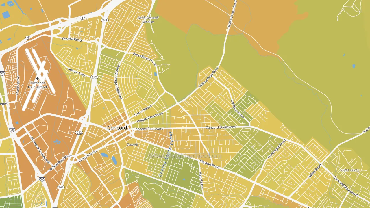 Map of the best neighborhoods in the 94519 area, with better matches in green and worse matches in red