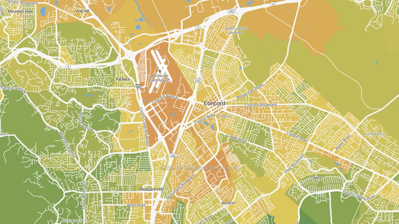 Map of the best neighborhoods in the 94520 area, with better matches in green and worse matches in red