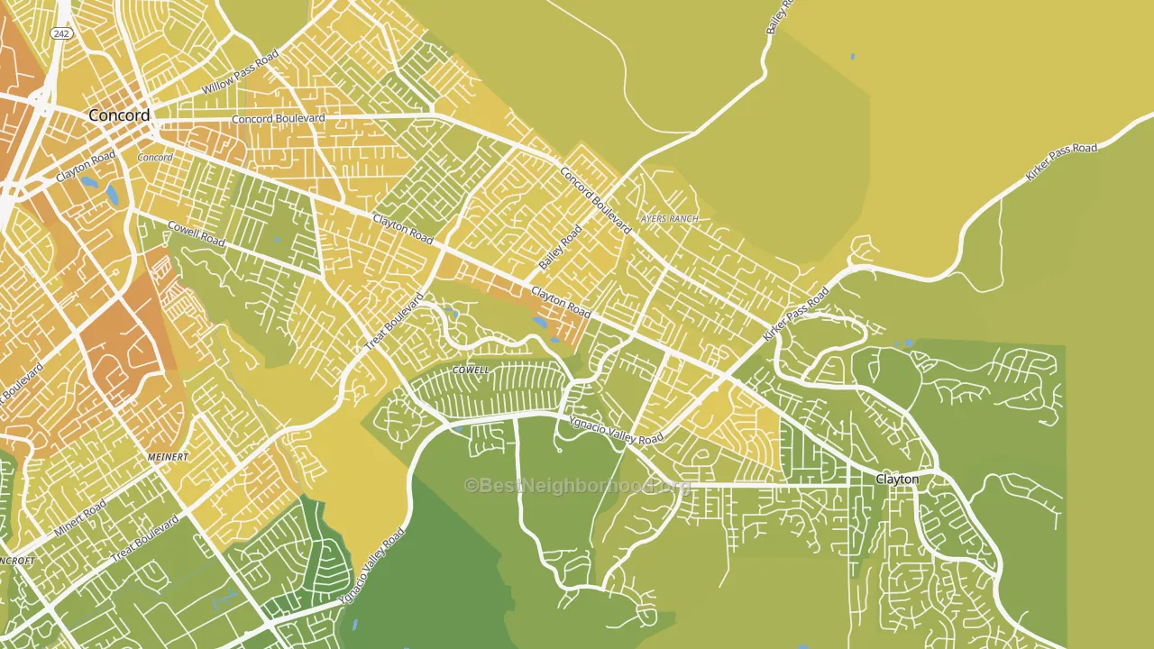 Map of the best neighborhoods in the 94521 area, with better matches in green and worse matches in red