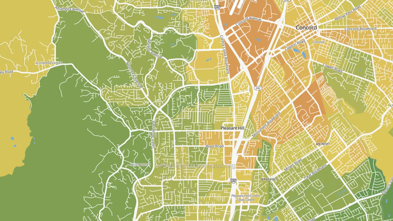 Map of the best neighborhoods in the 94523 area, with better matches in green and worse matches in red