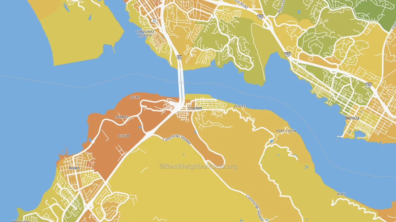Map of the best neighborhoods in the 94525 area, with better matches in green and worse matches in red