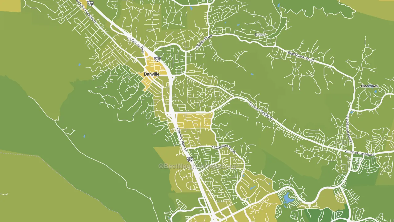 Map of the best neighborhoods in the 94526 area, with better matches in green and worse matches in red