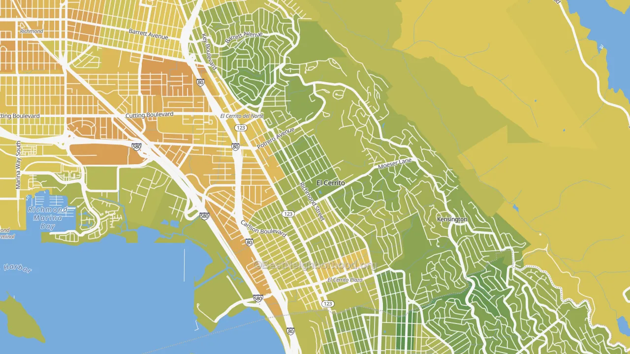 Map of the best neighborhoods in the 94530 area, with better matches in green and worse matches in red