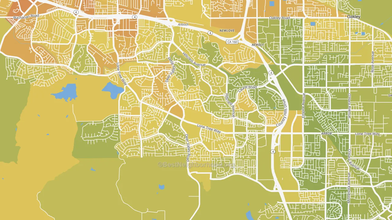Map of the best neighborhoods in the 94531 area, with better matches in green and worse matches in red
